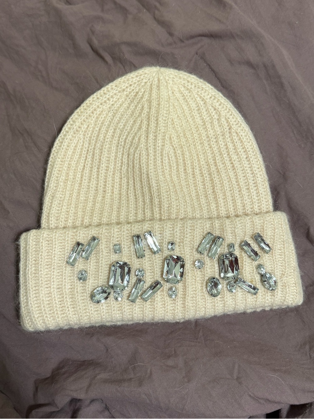 H&M Cream Ribbed Beanie with Crystal Embellishments